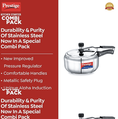 Prestige Nakshatra Alpha Gas and Induction Compatible Pressure Cooker (3.5 L) + Platina Popular Kadai with Glass Lid, 22 cm (2.25 L) Kitchen Set