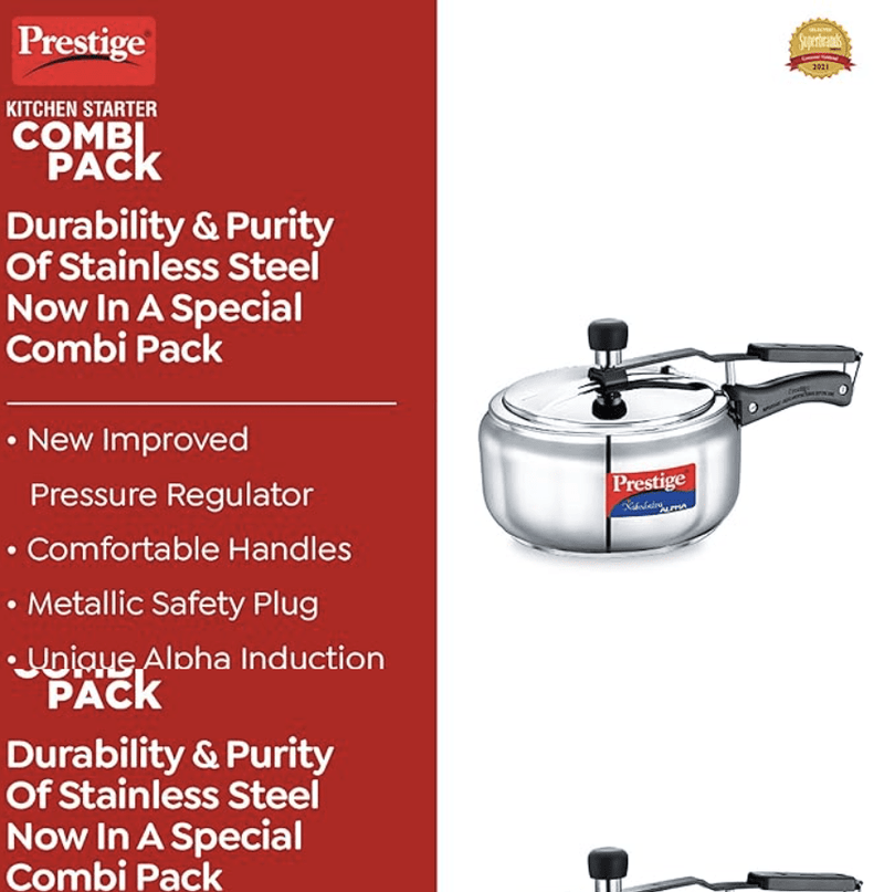 Prestige Nakshatra Alpha Gas and Induction Compatible Pressure Cooker (3.5 L) + Platina Popular Kadai with Glass Lid, 22 cm (2.25 L) Kitchen Set-4