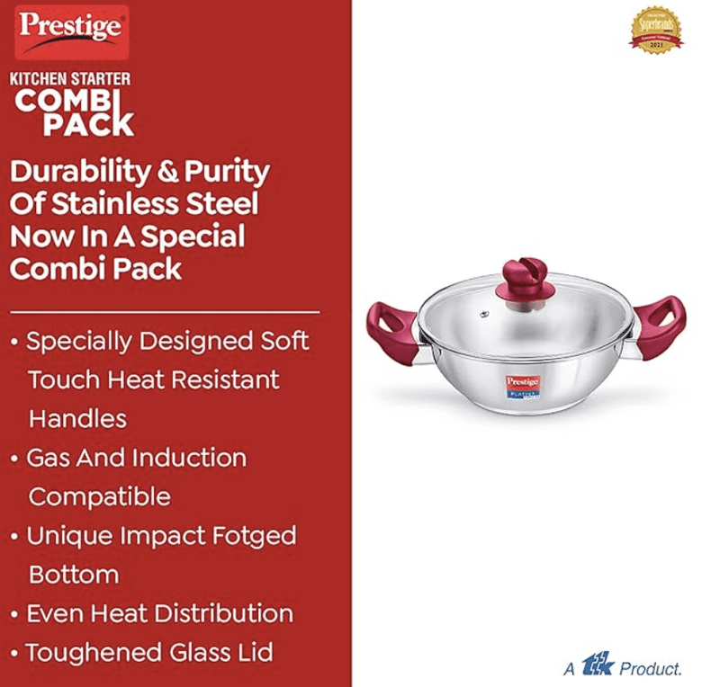 Prestige Nakshatra Alpha Gas and Induction Compatible Pressure Cooker (3.5 L) + Platina Popular Kadai with Glass Lid, 22 cm (2.25 L) Kitchen Set-3