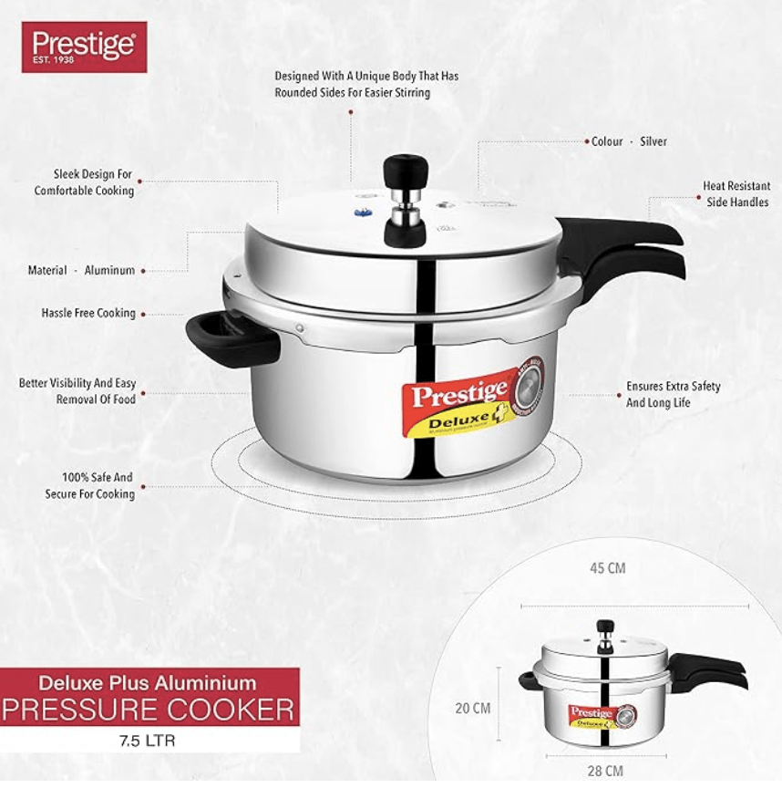 Prestige Deluxe Plus Induction Base Aluminium Pressure Cooker, 7.5 Litres