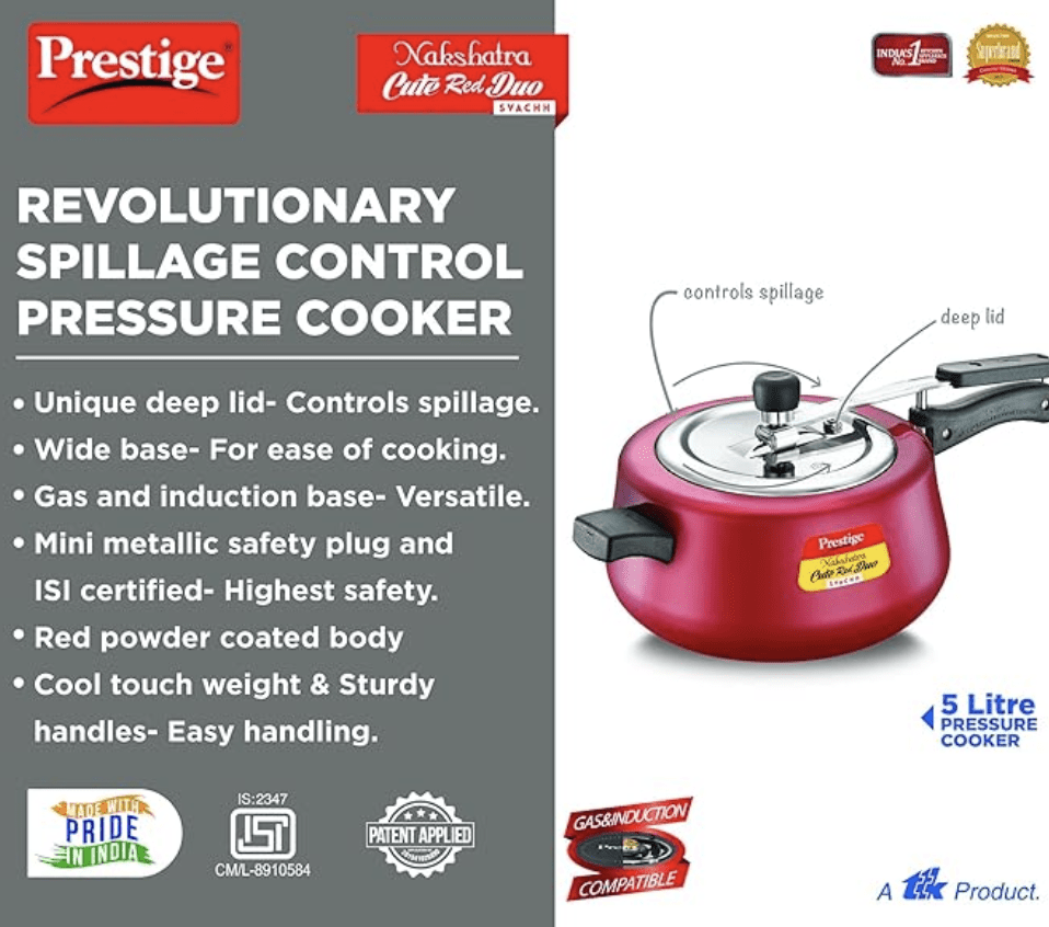 பிரெஸ்டீஜ் நட்சத்திரா க்யூட் டியோ ஸ்வச் அலுமினியம் இன்னர் லிட் பிரஷர் குக்கர், 5 லிட்டர், சிவப்பு, 5 லிட்டர் 