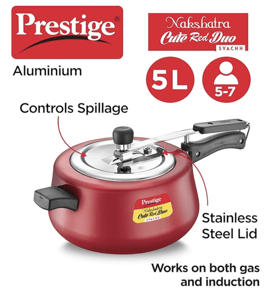 Prestige Nakshatra Cute Duo Svachh Aluminium Inner Lid Pressure Cooker, 5 Litre, Red, 5 Liter