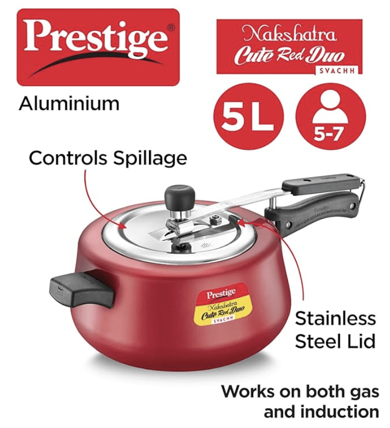 Prestige Nakshatra Cute Duo Svachh Aluminium Inner Lid Pressure Cooker, 5 Litre, Red, 5 Liter-2