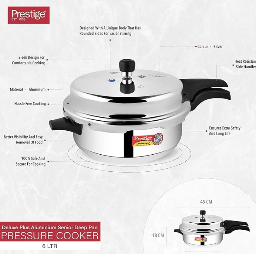 Prestige Deluxe Plus Induction Base Senior Pan Aluminium Outer Lid Pressure Cooker, 6 Litres, Silver