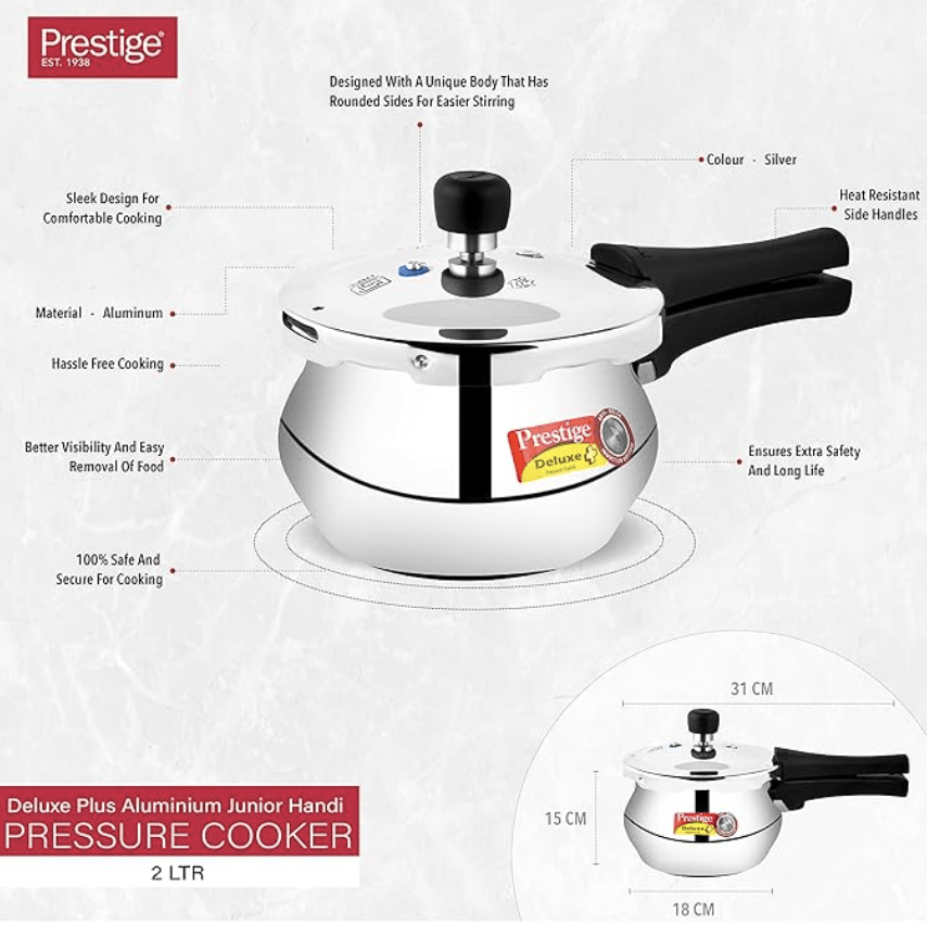 Prestige Deluxe Plus Baby Induction Base Aluminium Outer Lid Pressure Handi, 2 Litres, Silver, 2 Liter