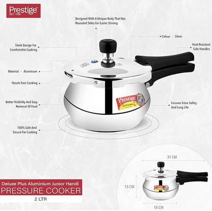 Prestige Deluxe Plus Baby Induction Base Aluminium Outer Lid Pressure Handi, 2 Litres, Silver, 2 Liter