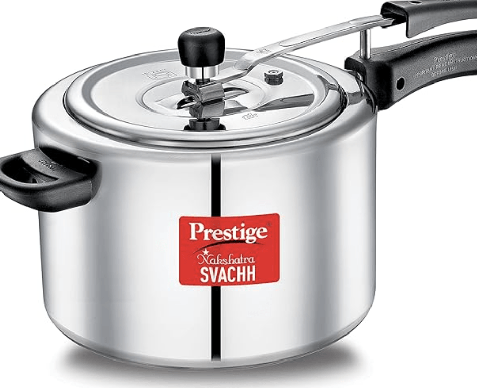 Prestige Nakshatra Svachh Aluminium Inner Lid Pressure Cooker with Unique Deep Lid for Spillage Control, 8 Litre, Silver