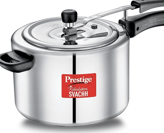 Prestige Nakshatra Svachh Aluminium Inner Lid Pressure Cooker with Unique Deep Lid for Spillage Control, 8 Litre, Silver