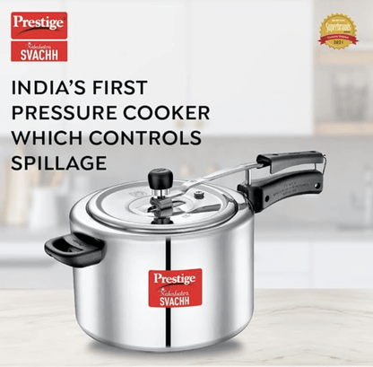Prestige Nakshatra Svachh Aluminium Inner Lid Pressure Cooker with Unique Deep Lid for Spillage Control, 8 Litre, Silver