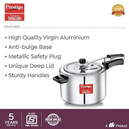 Prestige Nakshatra Svachh Aluminium Inner Lid Pressure Cooker with Unique Deep Lid for Spillage Control, 8 Litre, Silver