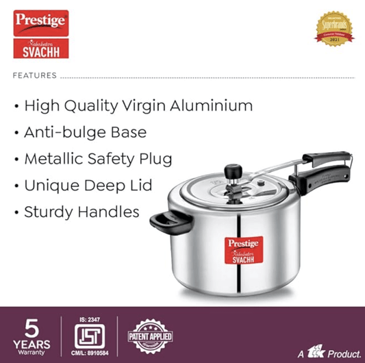 Prestige Nakshatra Svachh Aluminium Inner Lid Pressure Cooker with Unique Deep Lid for Spillage Control, 8 Litre, Silver