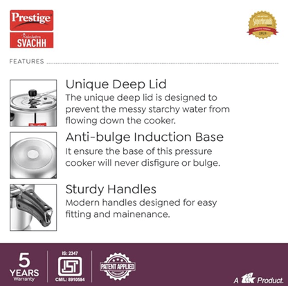 Prestige Nakshatra Svachh Aluminium Inner Lid Pressure Cooker with Unique Deep Lid for Spillage Control, 8 Litre, Silver