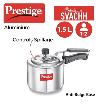 Prestige Svachh, 10738, 1.5 L, Straight Wall Aluminium Inner Lid Pressure Cooker, With Deep Lid For Spillage Control - Silver, 1.5 Liter