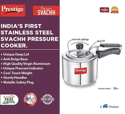 Prestige Svachh, 10738, 1.5 L, Straight Wall Aluminium Inner Lid Pressure Cooker, With Deep Lid For Spillage Control - Silver, 1.5 Liter