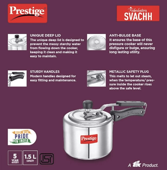 Prestige Svachh, 10738, 1.5 L, Straight Wall Aluminium Inner Lid Pressure Cooker, With Deep Lid For Spillage Control - Silver, 1.5 Liter