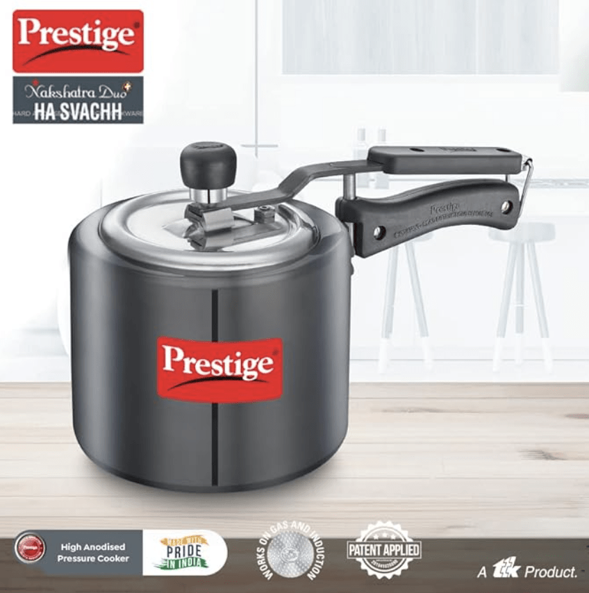 Prestige 3L Nakshatra Duo Plus Svachh Hard Anodised Inner Lid Pressure Cooker (Aluminium)|Deep stainless steel lid controls spillage|Metallic safety plug|5 years warranty