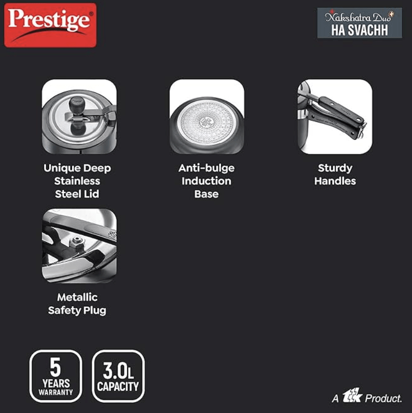 Prestige 3L Nakshatra Duo Plus Svachh Hard Anodised Inner Lid Pressure Cooker (Aluminium)|Deep stainless steel lid controls spillage|Metallic safety plug|5 years warranty-3