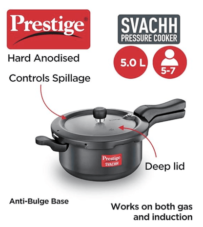 Prestige Svachh, 20278, 5 L, Sr. Pressure Pan, With Deep Lid For Spillage Control, Outer Lid, Aluminium, Black, 5 Liter