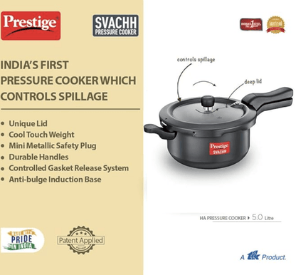 Prestige Svachh, 20278, 5 L, Sr. Pressure Pan, With Deep Lid For Spillage Control, Outer Lid, Aluminium, Black, 5 Liter