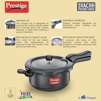 Prestige Svachh, 20278, 5 L, Sr. Pressure Pan, With Deep Lid For Spillage Control, Outer Lid, Aluminium, Black, 5 Liter