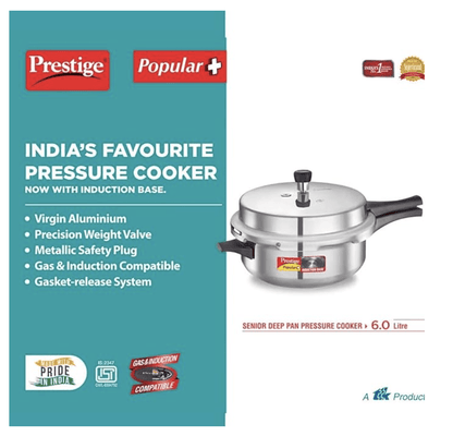 Prestige Popular Plus Induction Base Senior Deep Pan, 6 Liters, Silver, Aluminium, Outer Lid