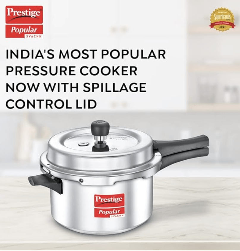 Prestige Popular Svachh Virgin Aluminium Spillage Control Outer Lid Pressure Cooker, 4 L (Silver), 4 Liter