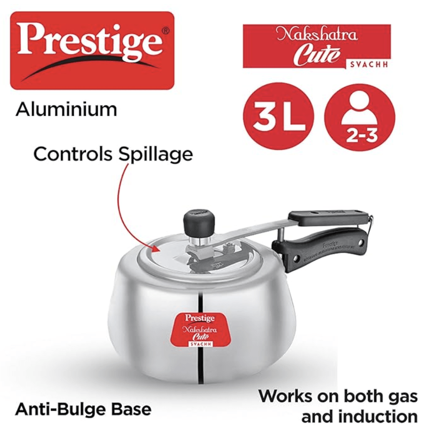Prestige Nakshatra Cute Svachh Aluminium Inner Lid Pressure Cooker, 3.0L (Polished, Silver), 3 Liter