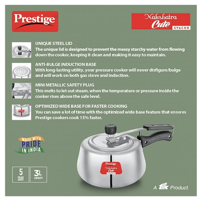 Prestige Nakshatra Cute Svachh Aluminium Inner Lid Pressure Cooker, 3.0L (Polished, Silver), 3 Liter
