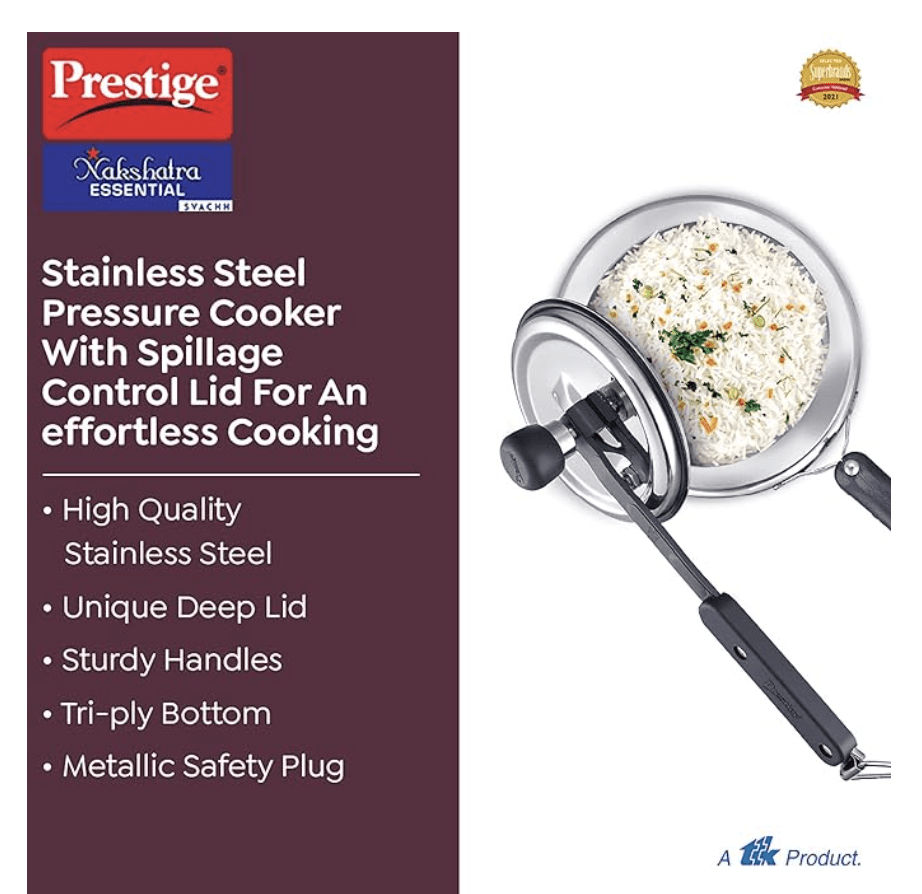Prestige Nakshatra Essential Svachh Stainless Steel Pressure Cookers (3L, Silver, Tri-Ply Bottom, Inner Lid)