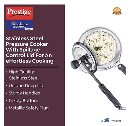 Prestige Nakshatra Essential Svachh Stainless Steel Pressure Cookers (3L, Silver, Tri-Ply Bottom, Inner Lid)