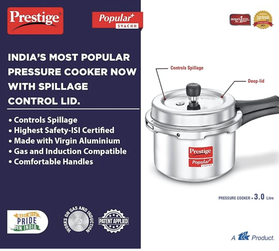 Prestige Popular Svachh Virgin Aluminium Spillage Control Outer Lid Pressure Cooker, 3 L (Silver)