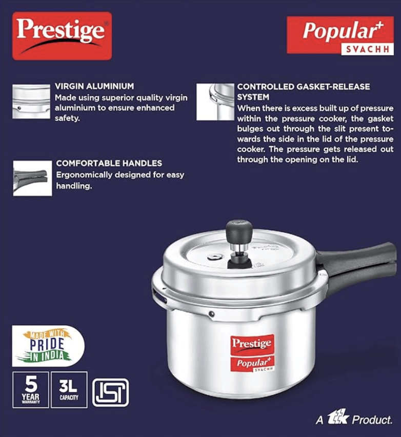 Prestige Popular Svachh Virgin Aluminium Spillage Control Outer Lid Pressure Cooker, 3 L (Silver)