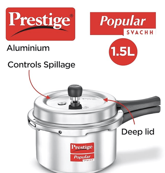 Prestige Popular Svachh Aluminium Outer Lid Pressure Cooker, 1.5 Litre - Silver, Medium (10162)