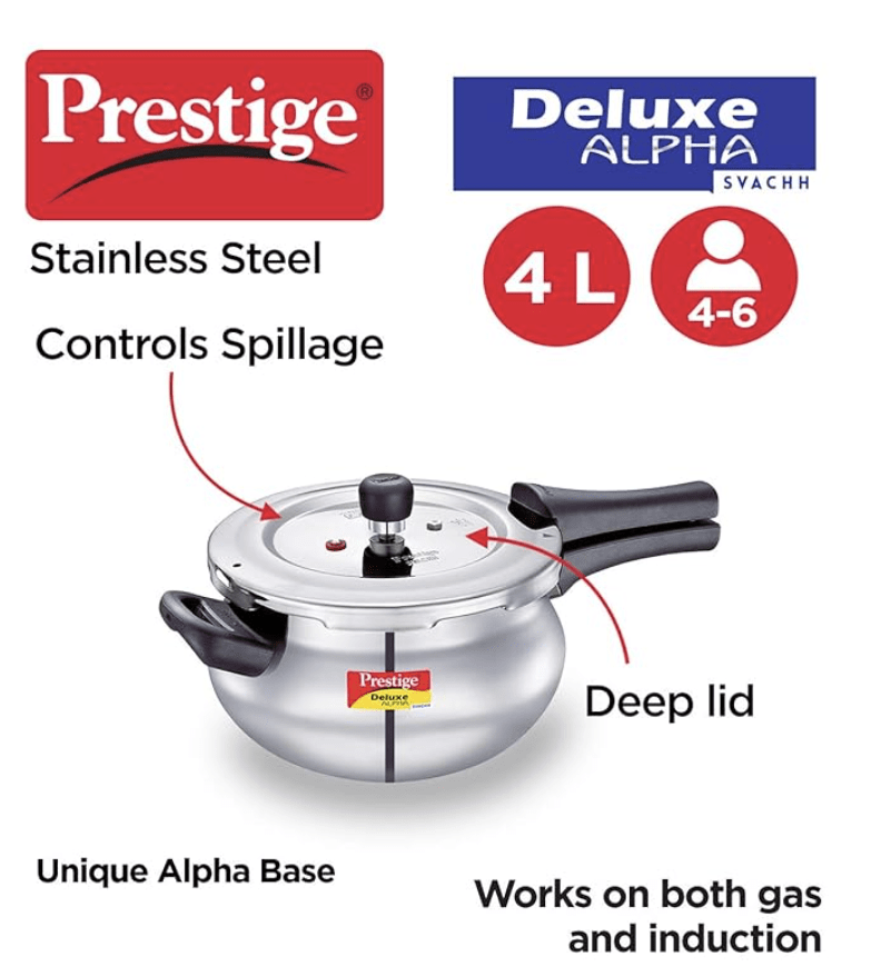 Prestige Svachh, 20268, 4 L, Alpha Junior Handi, With Deep Lid For Spillage Control, Stainless Steel, Silver, Outer Lid, 4.4 Liter