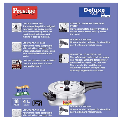 Prestige Svachh, 20268, 4 L, Alpha Junior Handi, With Deep Lid For Spillage Control, Stainless Steel, Silver, Outer Lid, 4.4 Liter