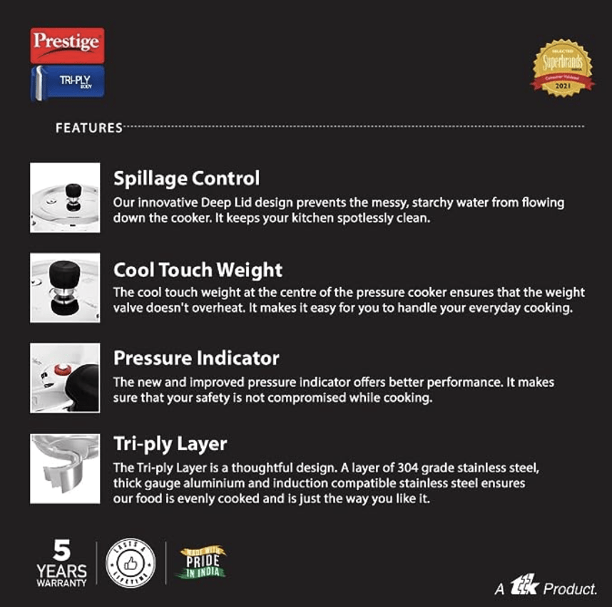 Prestige Svachh Triply 5 Litre, Silver Outer Lid Pressure Cooker (Aluminium) Visit the Prestige Store