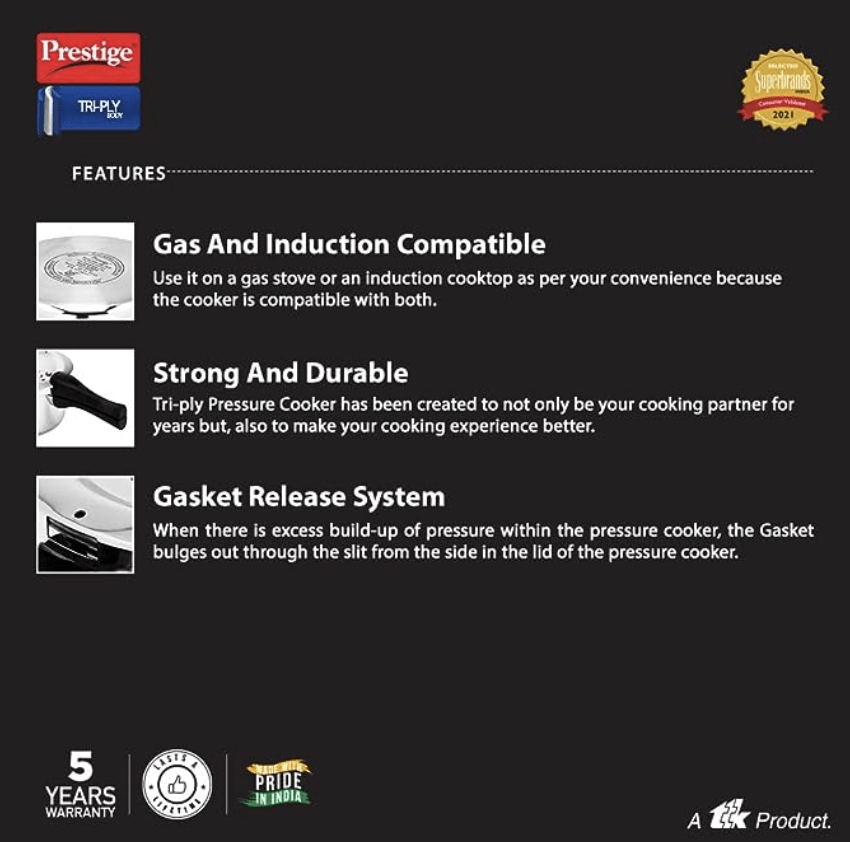 Prestige Svachh Triply 5 Litre, Silver Outer Lid Pressure Cooker (Aluminium) Visit the Prestige Store