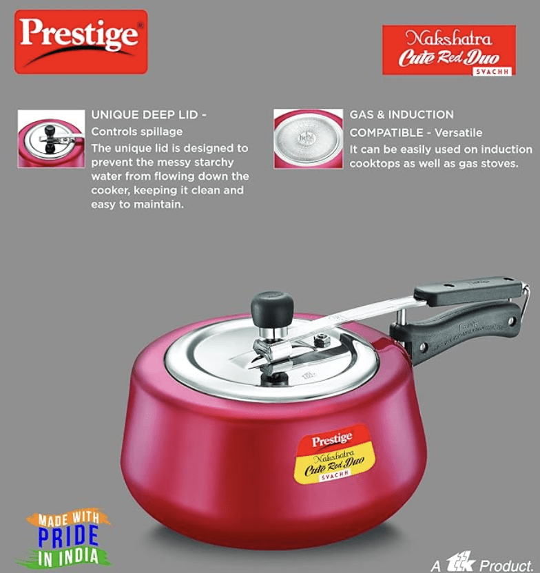 Prestige Nakshatra Cute Duo Svachh Aluminium Inner Lid Pressure Cooker, 2 Litre, Red, 2 Liter