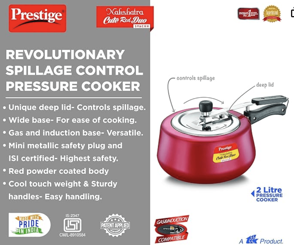 Prestige Nakshatra Cute Duo Svachh Aluminium Inner Lid Pressure Cooker, 2 Litre, Red, 2 Liter