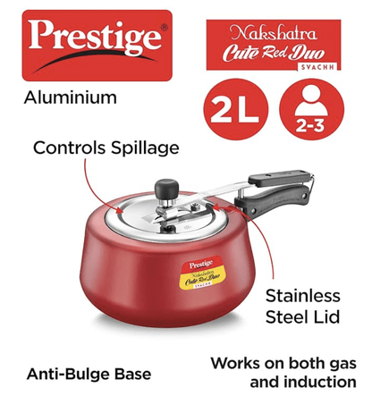 Prestige Nakshatra Cute Duo Svachh Aluminium Inner Lid Pressure Cooker, 2 Litre, Red, 2 Liter