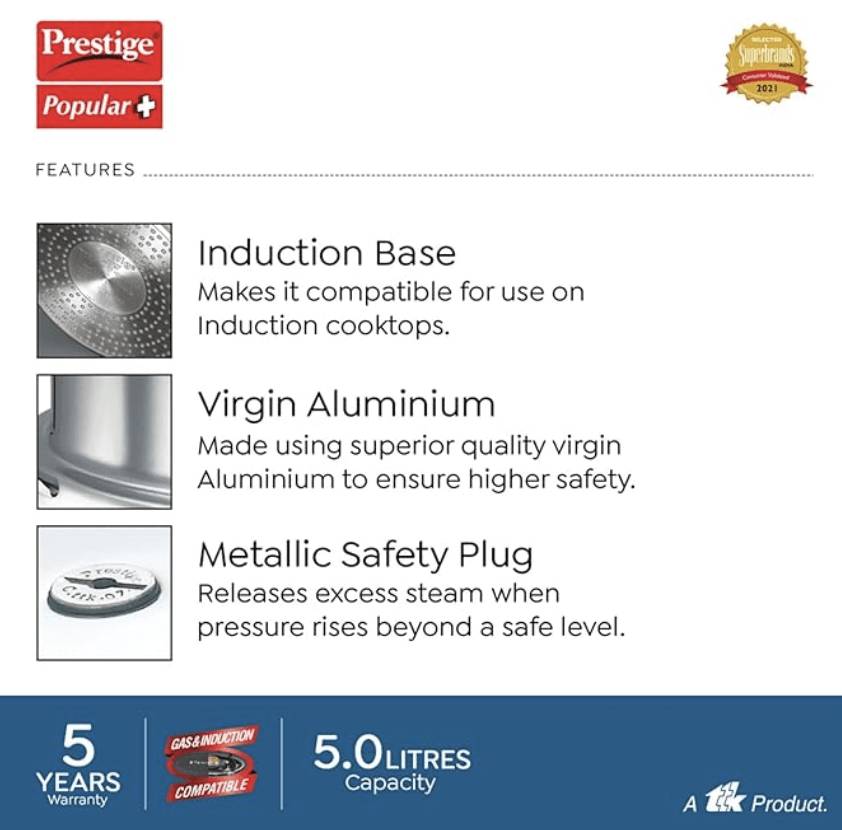 Prestige Popular Plus 5L aluminium pressure cooker|Ideal for 5-7 person|Deep lid for spillage control|Gas & induction compatible|Mini Metallic Safety Plug|Controlled Gasket-Release System|5Y warranty