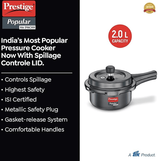 Prestige Popular Svachh Hard Anodised Pressure Cooker(2.0 L, Black, Deep Lid-Controls Spillage)