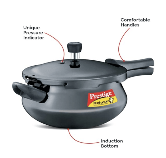 Prestige Deluxe Plus Hard Anodized Aluminium Junior Handi Pressure Cooker, 5 L Outer Lid Pressure Cooker - Black, 5 Liter