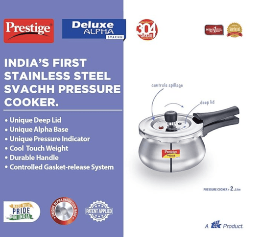 Prestige Svachh, 20266, 2 L, Alpha Baby Handi, With Deep Lid For Spillage Control, Stainless Steel, Silver, Outer Lid, 2 Liter