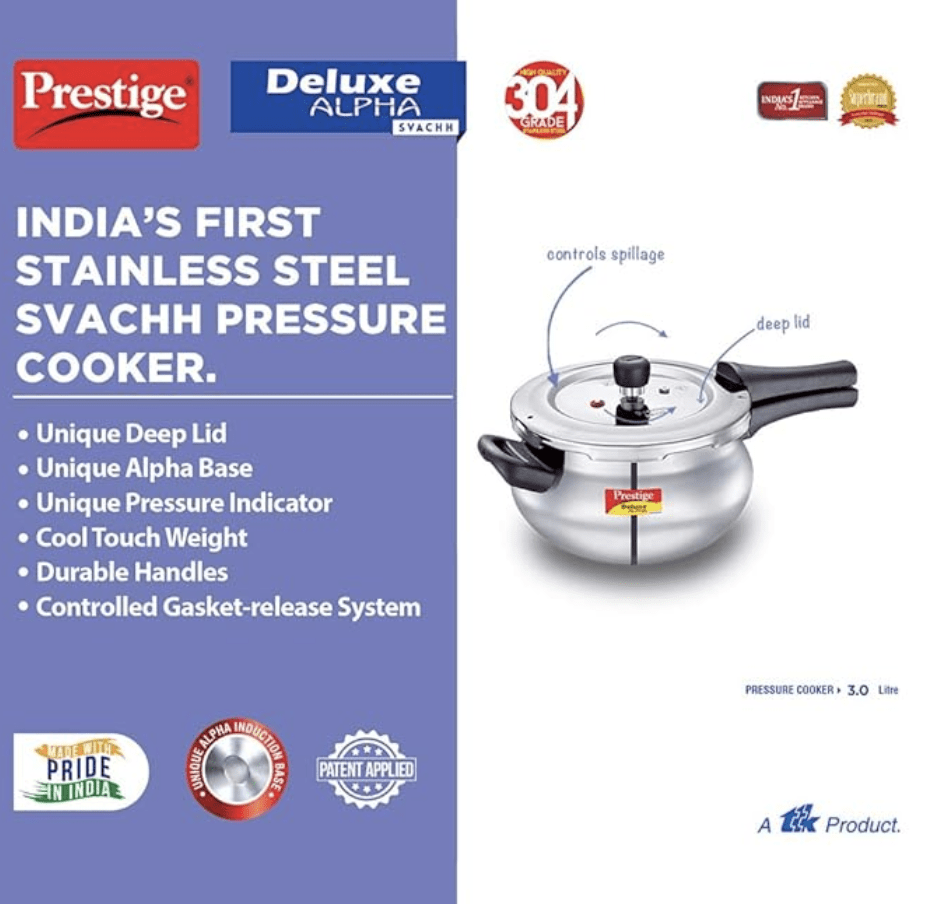 Prestige Svachh Deluxe Alpha Mini Pressure Handi, with deep lid for Spillage Control, 3 L, Stainless Steel, Silver, Outer Lid