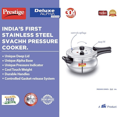 Prestige Svachh Deluxe Alpha Mini Pressure Handi, with deep lid for Spillage Control, 3 L, Stainless Steel, Silver, Outer Lid