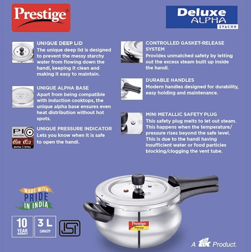 Prestige Svachh Deluxe Alpha Mini Pressure Handi, with deep lid for Spillage Control, 3 L, Stainless Steel, Silver, Outer Lid-3