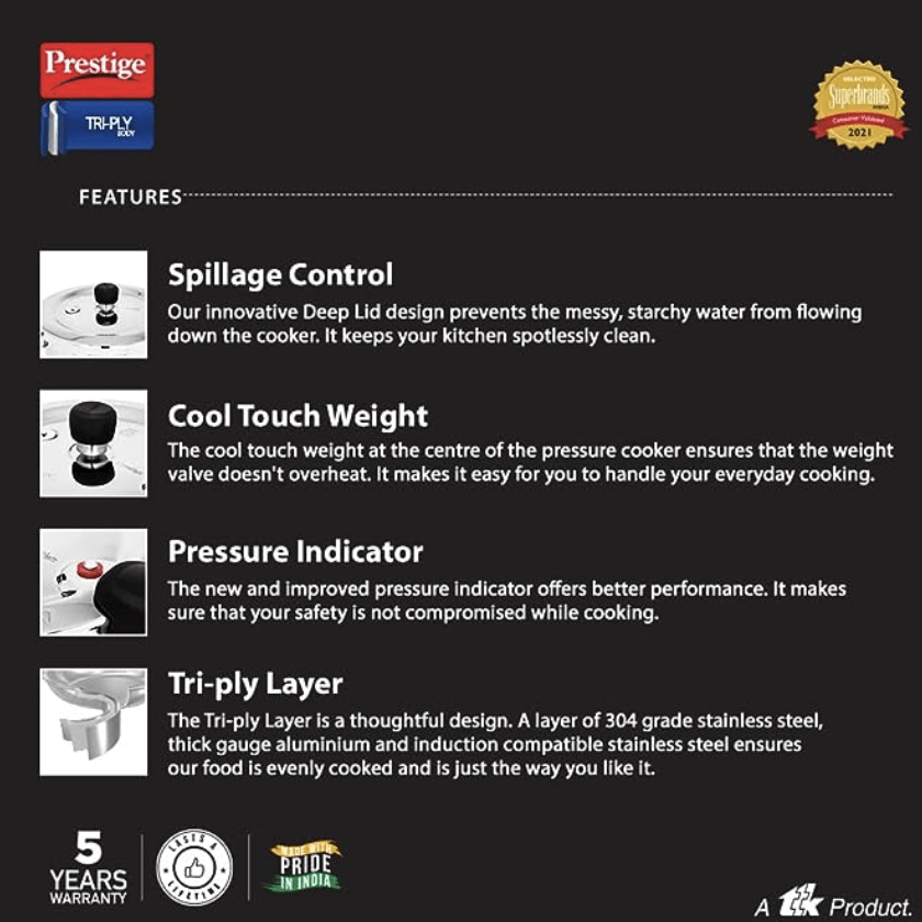 Prestige 3 Litres Svachh Triply Induction Base Outer Lid Pressure Cooker |Silver | Deep Lid Spillage Control | Even heat distribution|5 years warranty