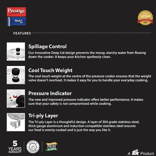 Prestige 3 Litres Svachh Triply Induction Base Outer Lid Pressure Cooker |Silver | Deep Lid Spillage Control | Even heat distribution|5 years warranty