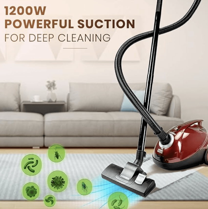 Eureka Forbes Quick Clean DX Vacuum Cleaner with 1200 Watts Powerful Suction Control, 3 Free Reusable dust Bag worth Rs 500, comes with multiple accessories, dust bag full indicator (Red), standerd